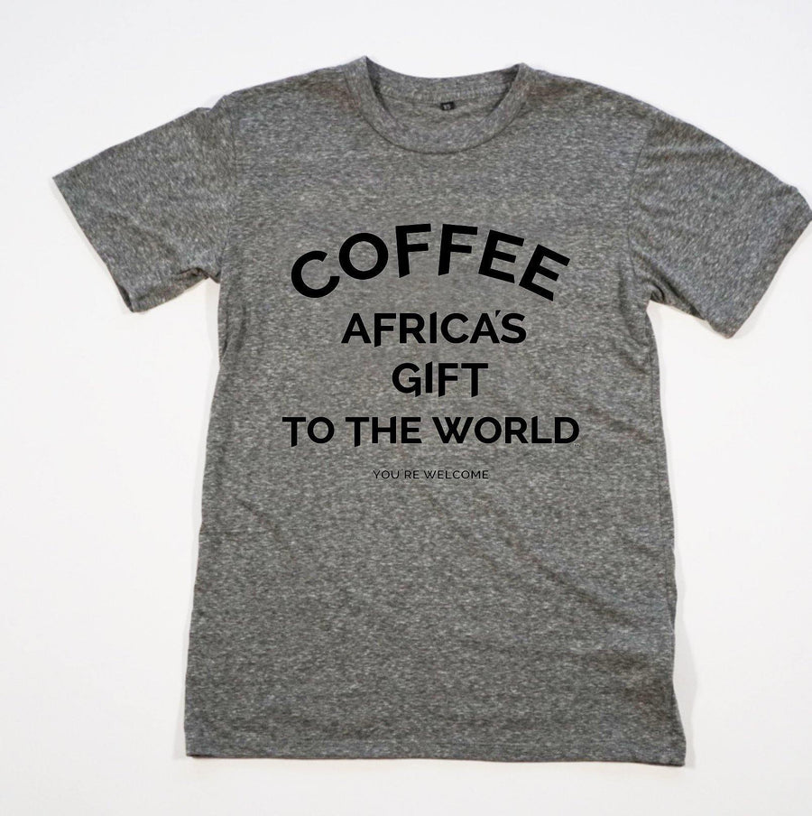 Unisex Tee - Africa's Gift - Heather Gray with Black Print | Red Bay Coffee.