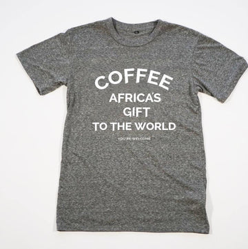Unisex Tee - Africa's Gift - Heather Gray with White Print | Red Bay Coffee.
